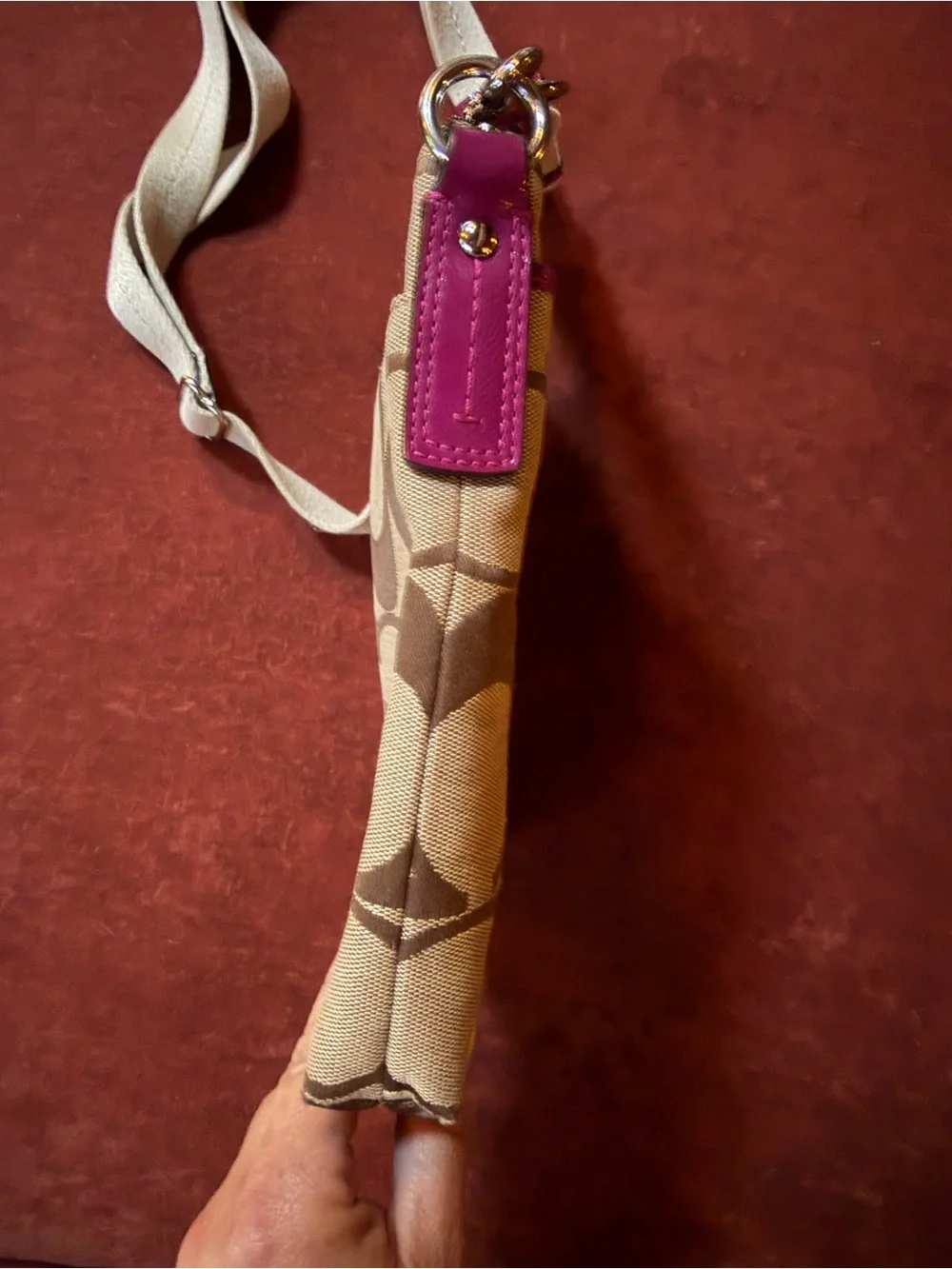 Coach Signature Canvas Monogrammed Crossbody Bag Brown Pink Guitar Strap